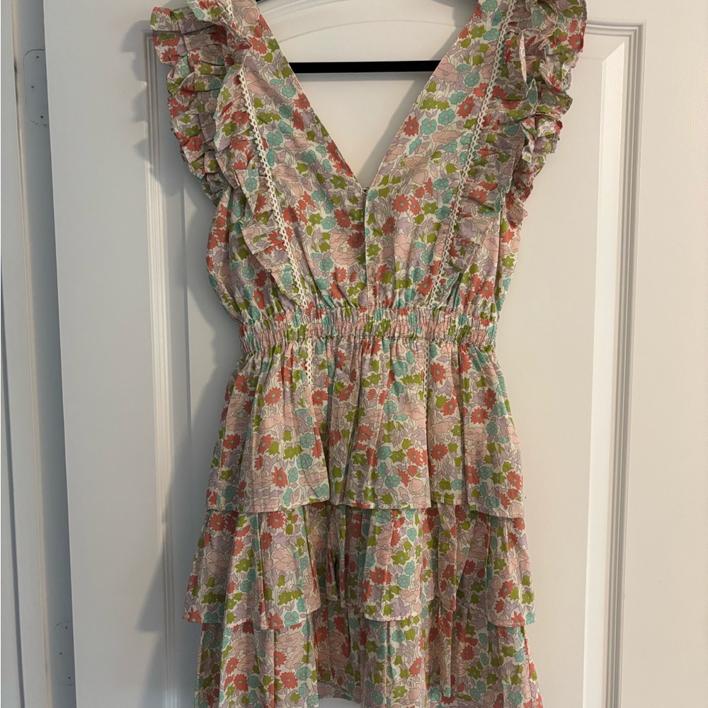 Pink and Green Ruffled Tiered Mini Sundress